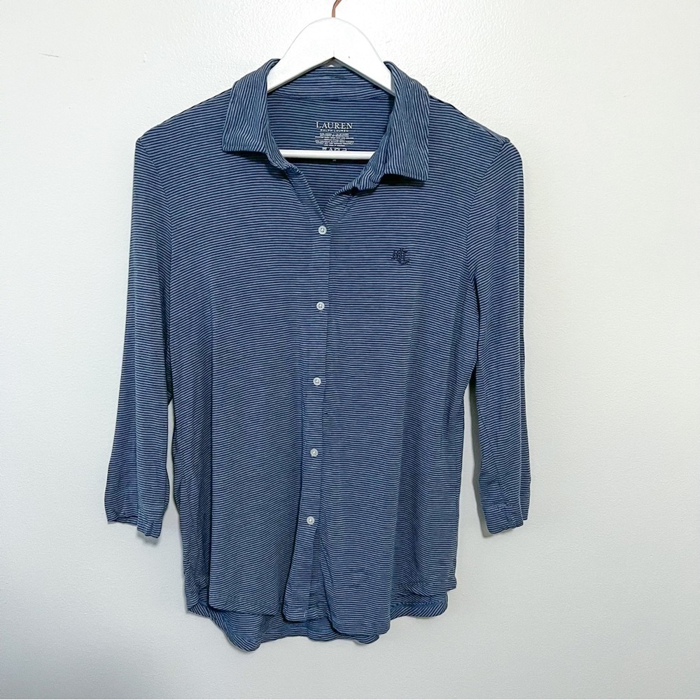 Lauren Ralph Lauren Blue Striped Button Down Long Sleeve Pajama Top, Medium